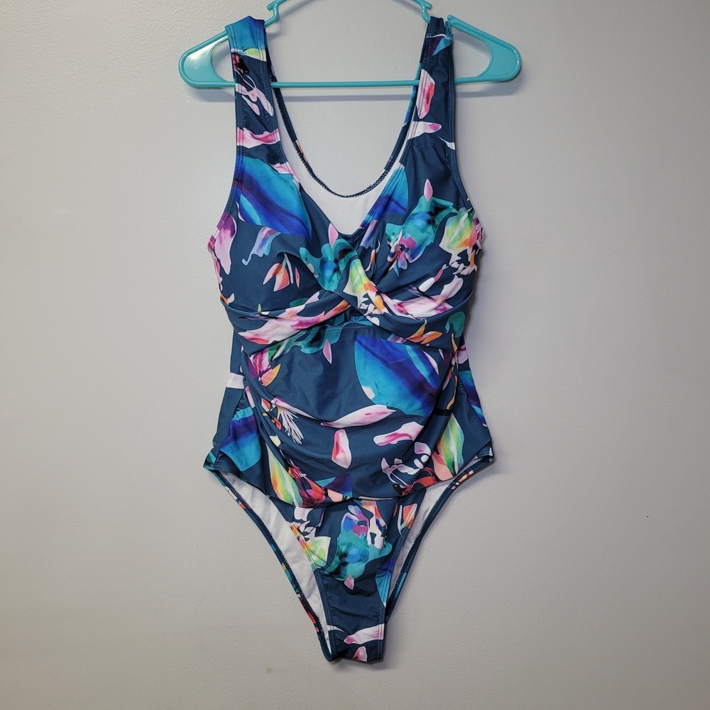 Womens Unbranded Tropical Floral One Piece Swimsuit Blue 2XL